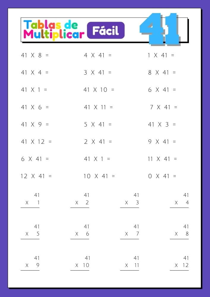 Imágenes con ejercicios para imprimir de la tabla del 41